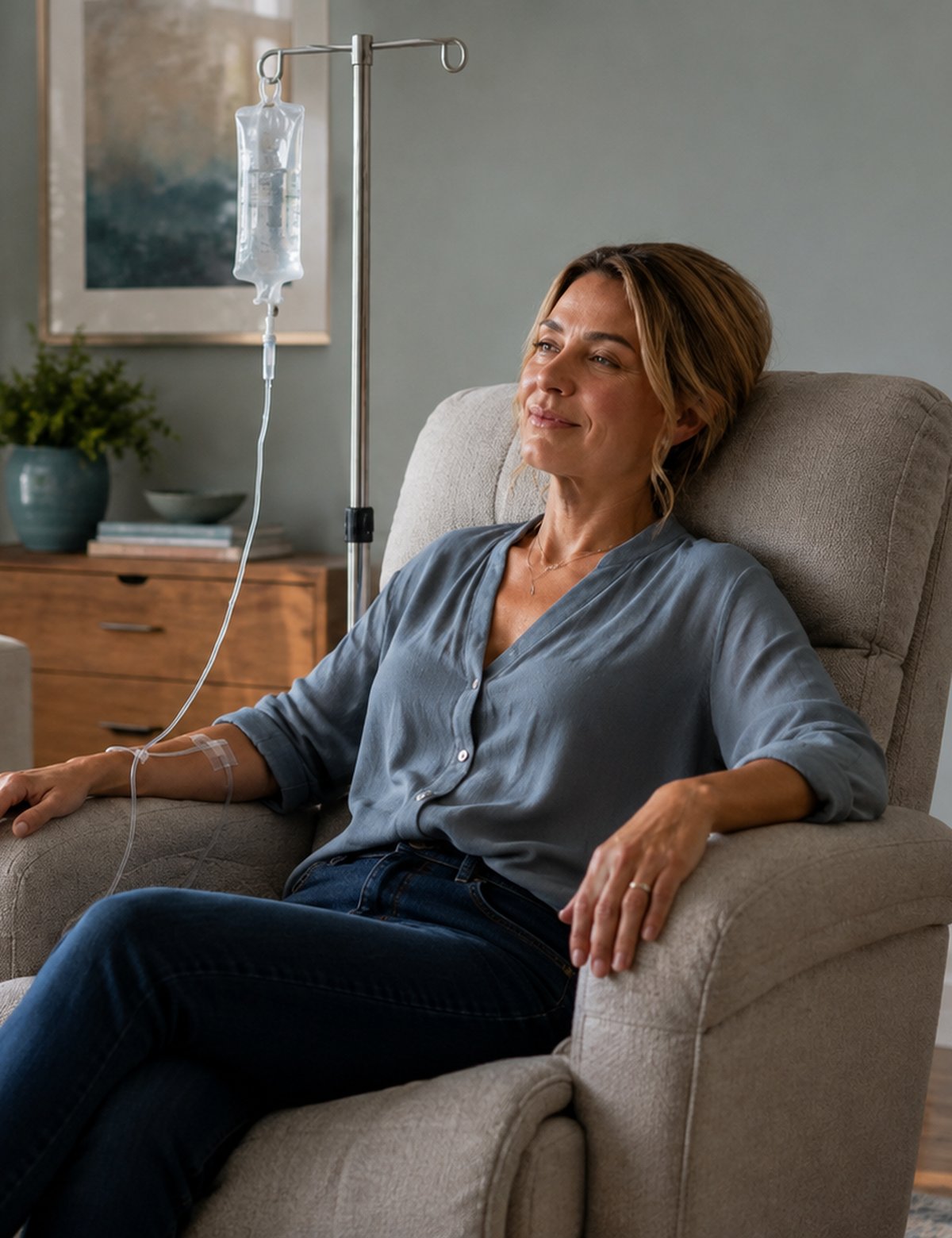A patient receiving an IV infusion at home, in her own living-room chair