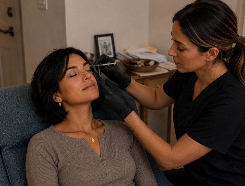 A clinician preparing and placing treatment for a seated patient at home