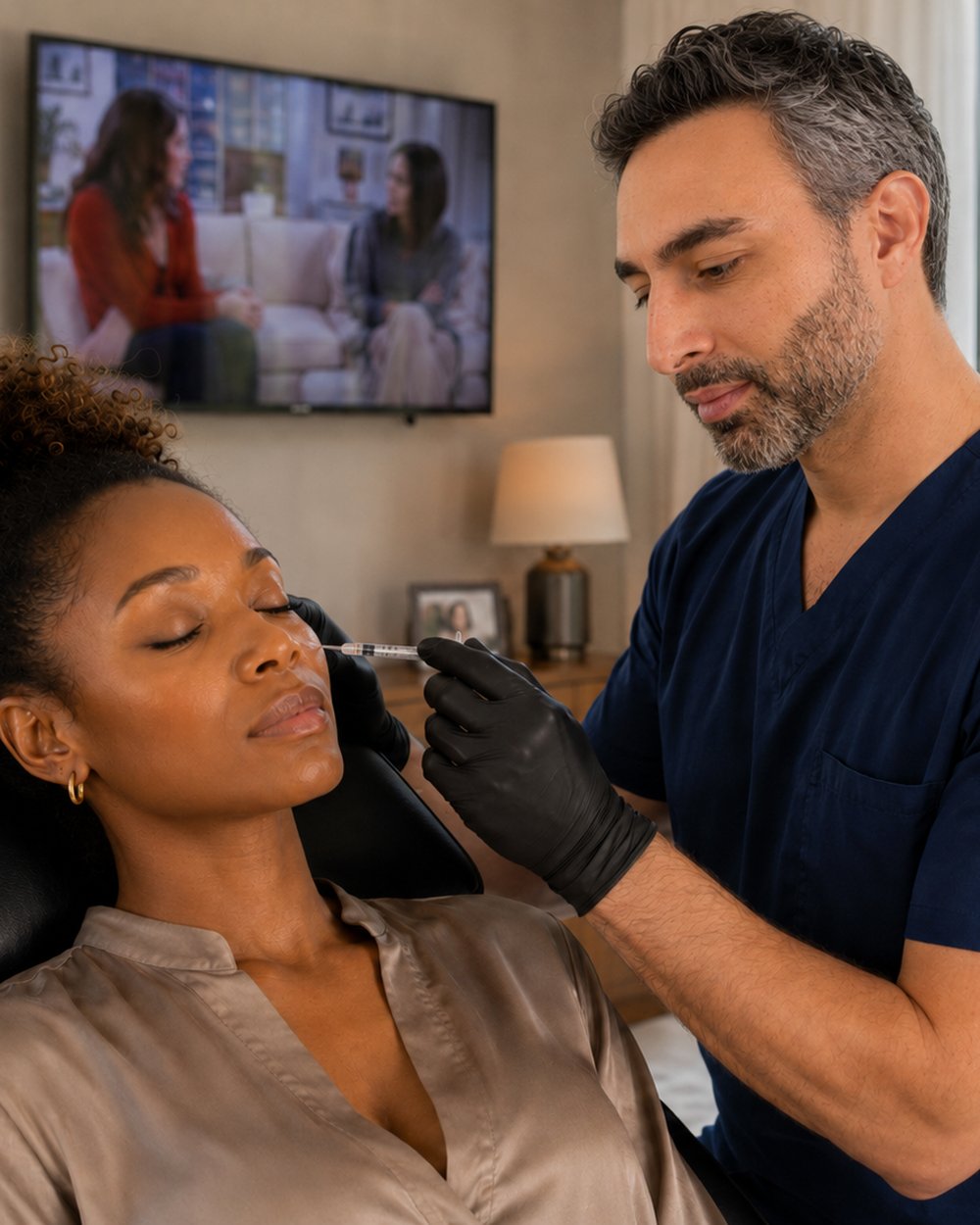 Marland Kaplan, NP performing a PRP facial treatment for a reclining patient at home