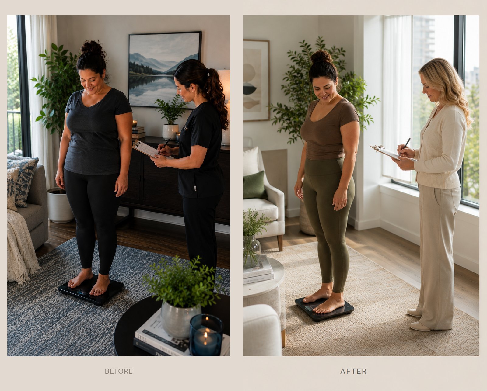 Side-by-side photographs of a patient at intake and after a medically supervised weight-management program