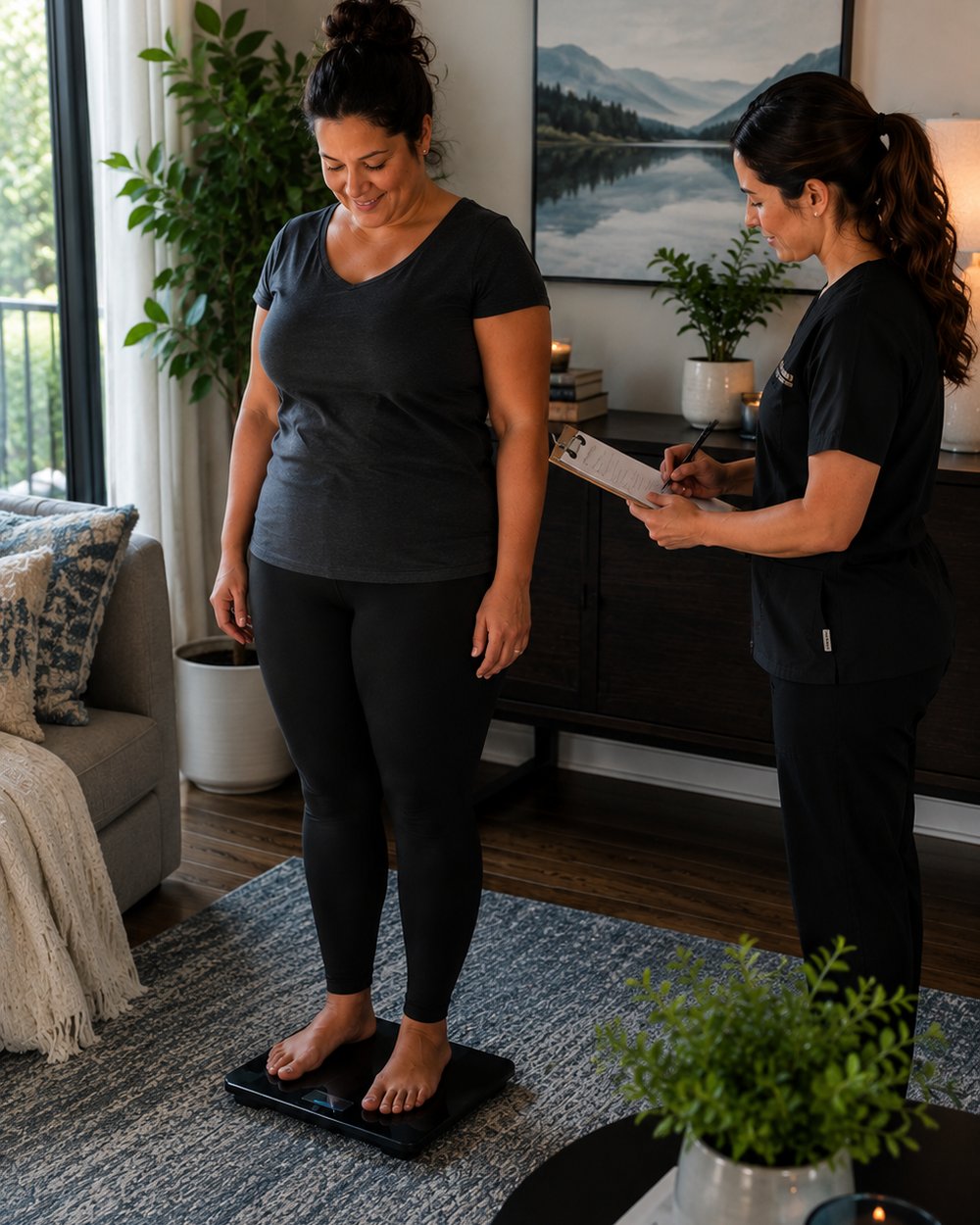 A patient being weighed by a clinician at home at the start of a weight-management program