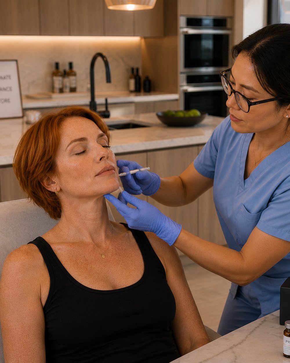 A clinician placing a filler injection at a patient's nasolabial fold