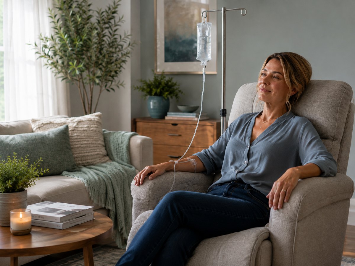 A patient receiving IV infusion therapy in her own living-room chair