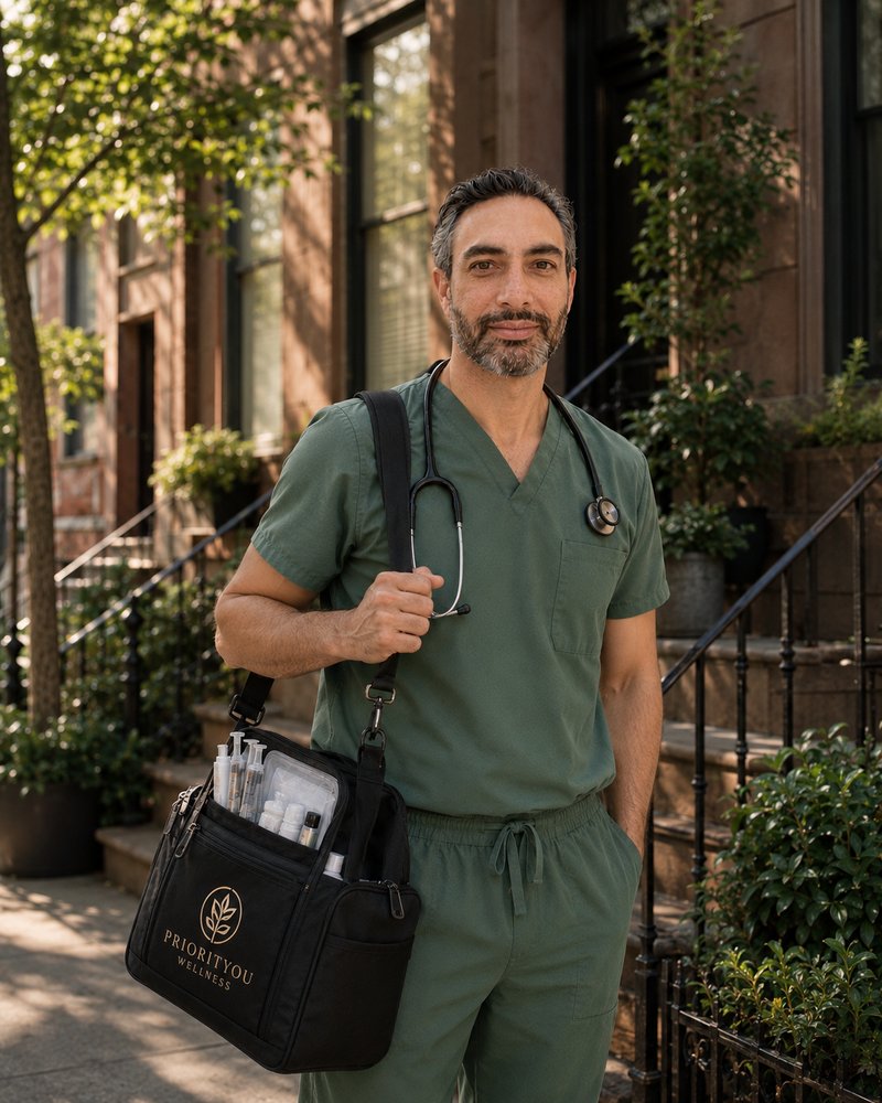 Marland Kaplan, NP arriving at a Brooklyn brownstone carrying the Priorityou Wellness medical bag